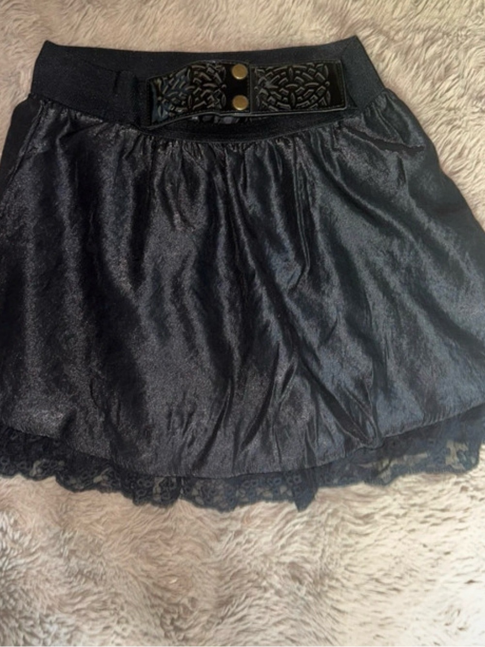 Rachael & Chloe Black Satin Mini Skirt with Decorative Waistband